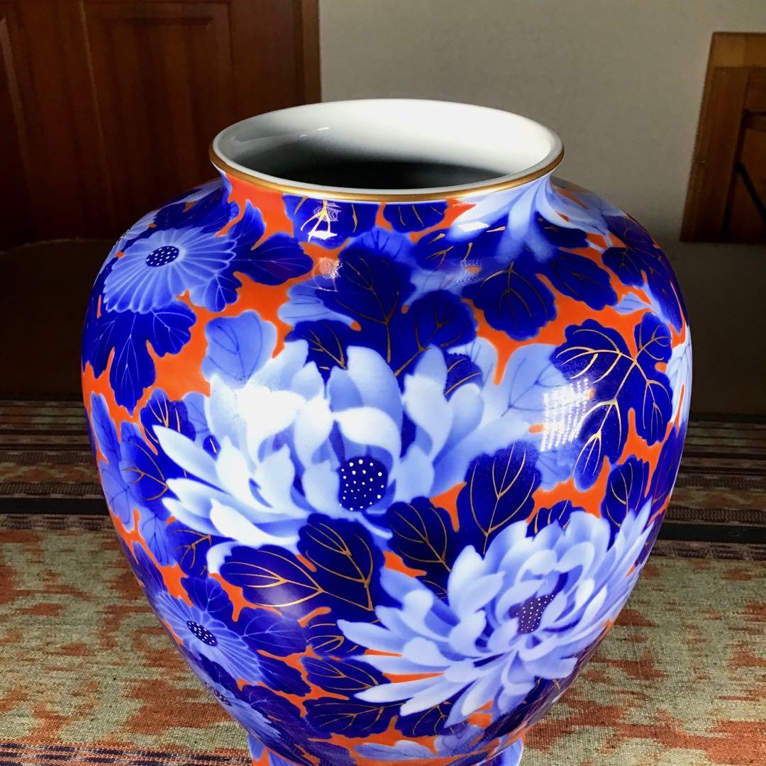 『お中元うー特価』　深川製磁　花瓶　赤金彩　牡丹