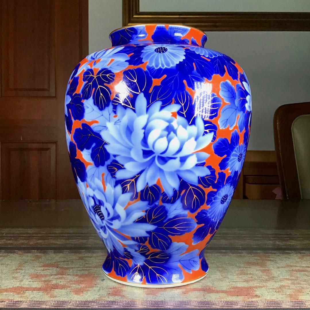 『お中元うー特価』　深川製磁　花瓶　赤金彩　牡丹