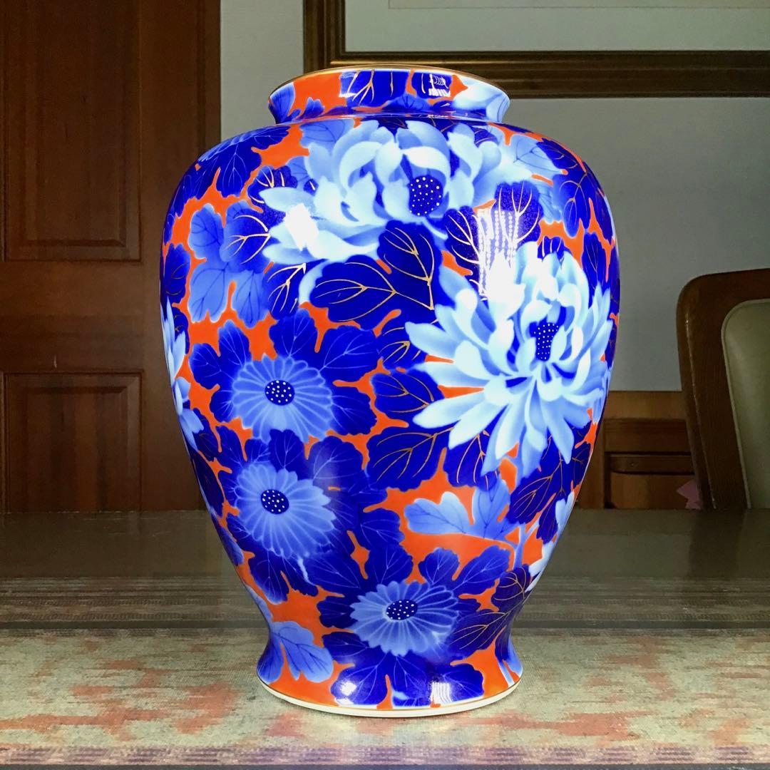 『お中元うー特価』　深川製磁　花瓶　赤金彩　牡丹