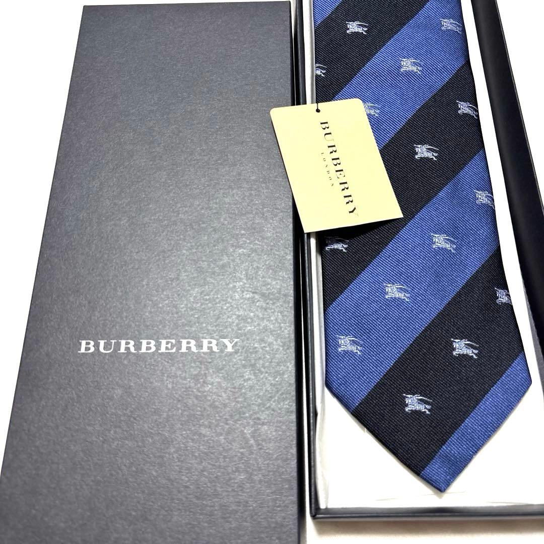 新品　バーバリー　ネクタイ　ネイビー　ストライプ　箱付　タグ付