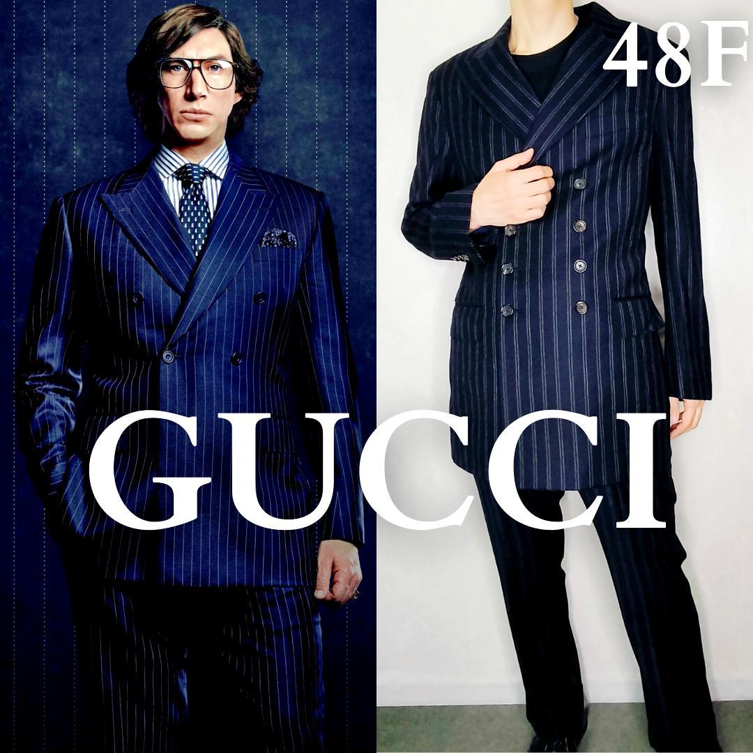 GUCCIシグネチャーモデル✨️美品 ネイビーストライプ 8Bダブルスーツ 48