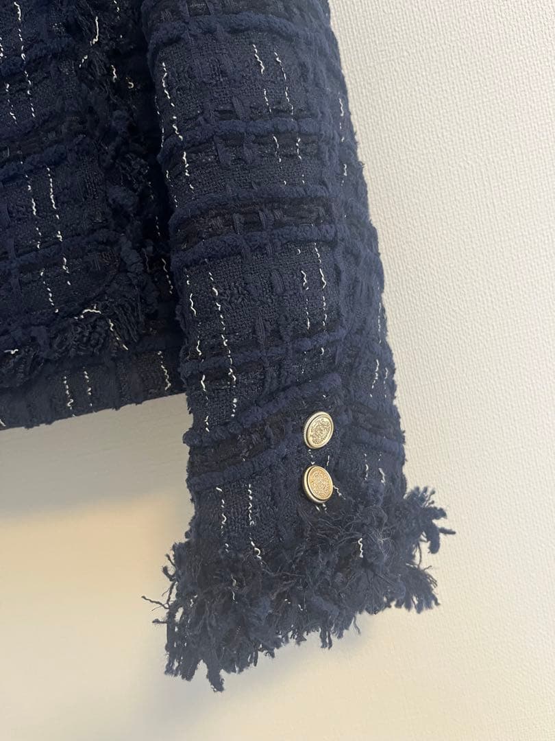 ネイビー ツイード ノーカラージャケット