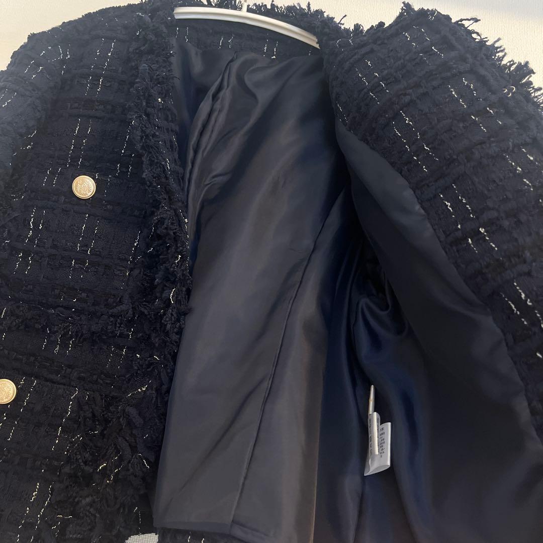 ネイビー ツイード ノーカラージャケット