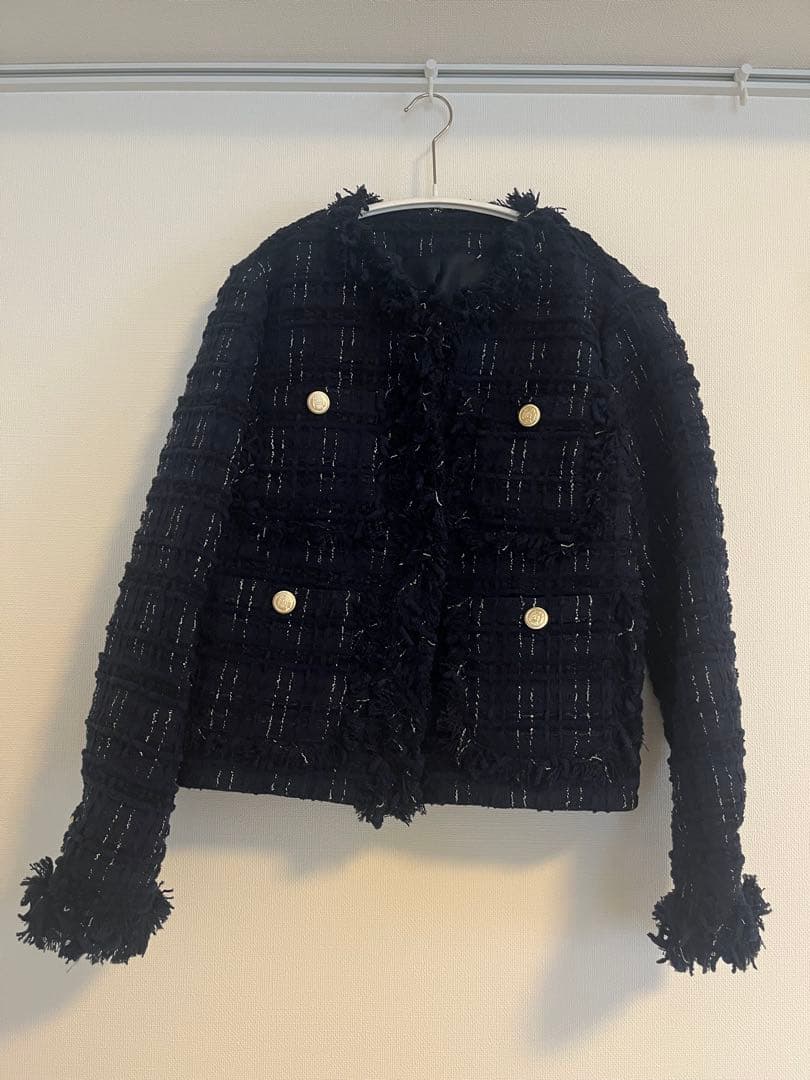 ネイビー ツイード ノーカラージャケット