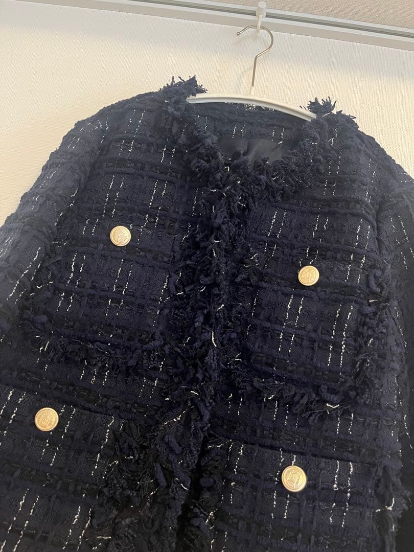 ネイビー ツイード ノーカラージャケット