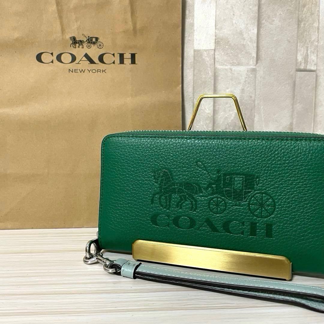 早い者勝ち！訳あり新品COACH 長財布 ホース＆キャリッジ柄 グリーン系