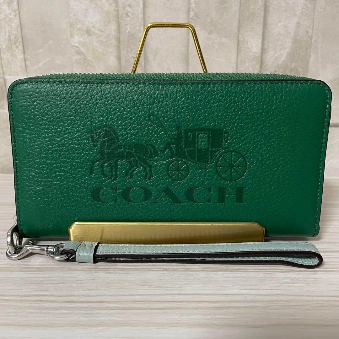 早い者勝ち！訳あり新品COACH 長財布 ホース＆キャリッジ柄 グリーン系