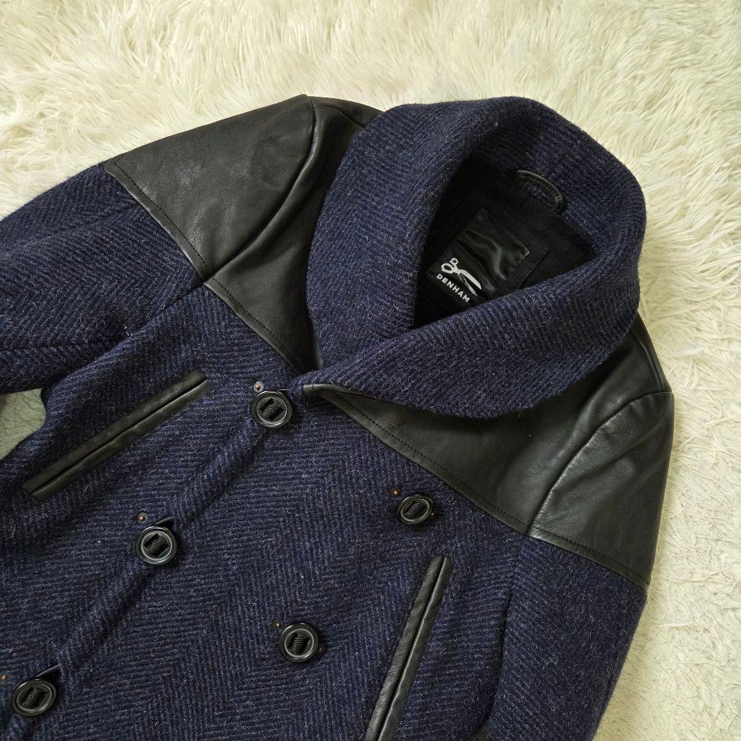 美品 デンハム フォックスブラザーズ ツイード レザー切り替え Pコート S相当
