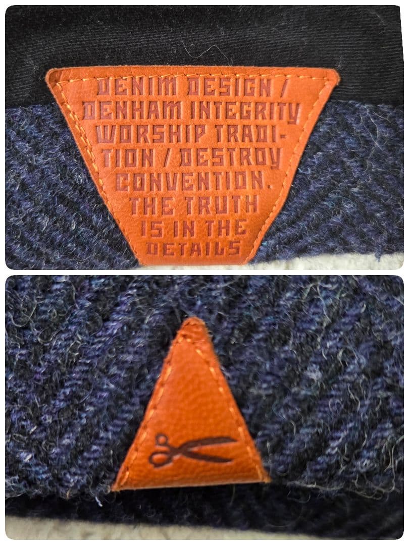 美品 デンハム フォックスブラザーズ ツイード レザー切り替え Pコート S相当