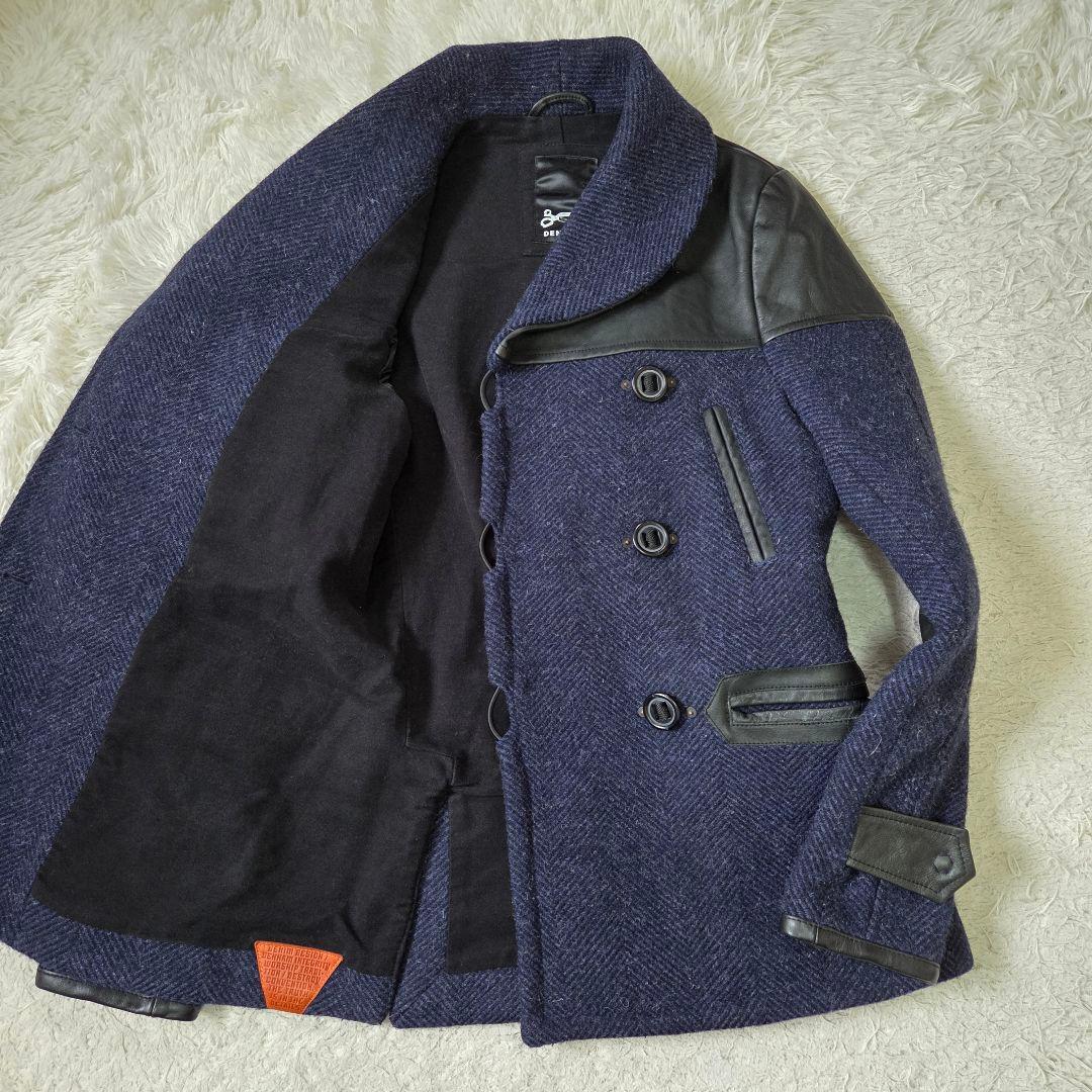 美品 デンハム フォックスブラザーズ ツイード レザー切り替え Pコート S相当