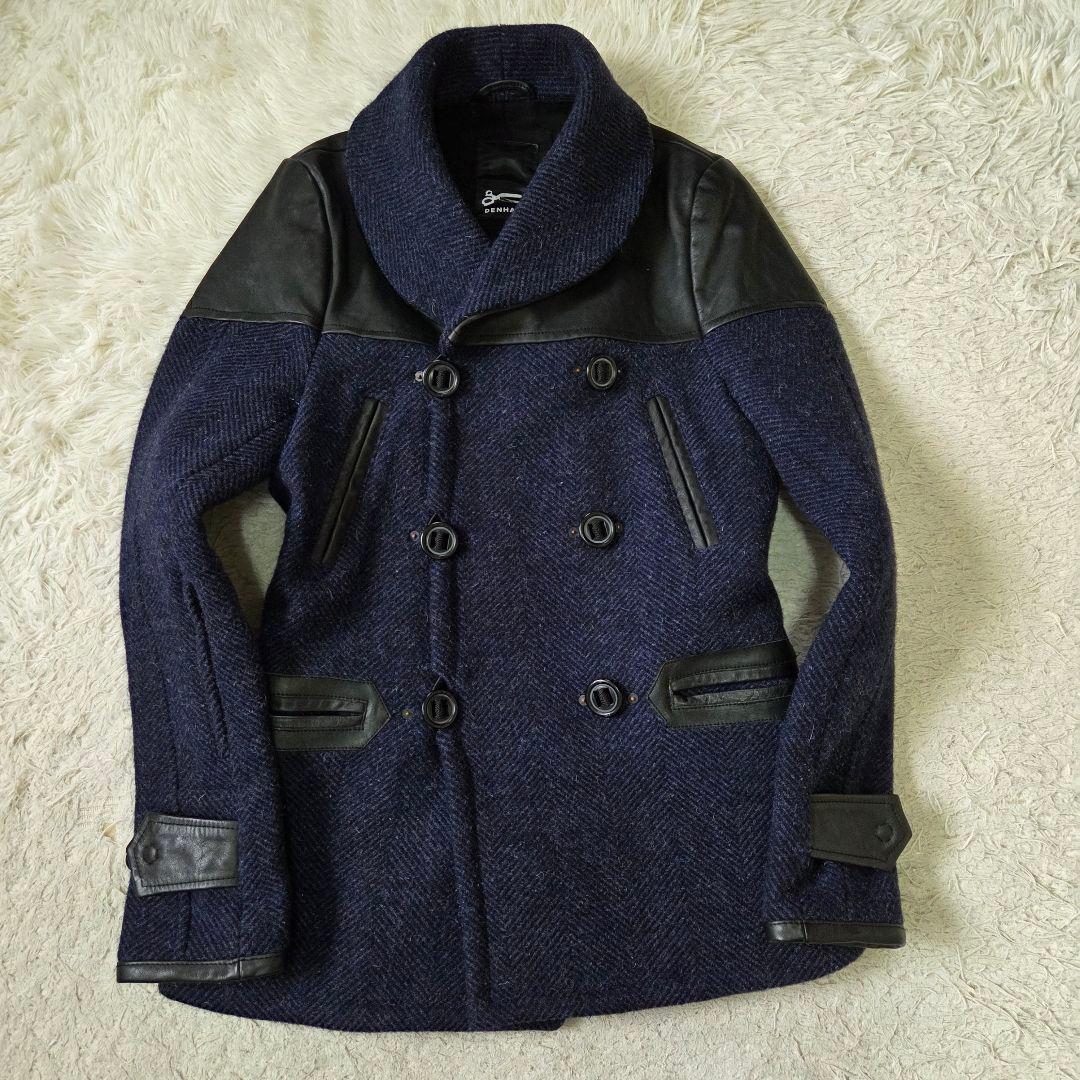 美品 デンハム フォックスブラザーズ ツイード レザー切り替え Pコート S相当