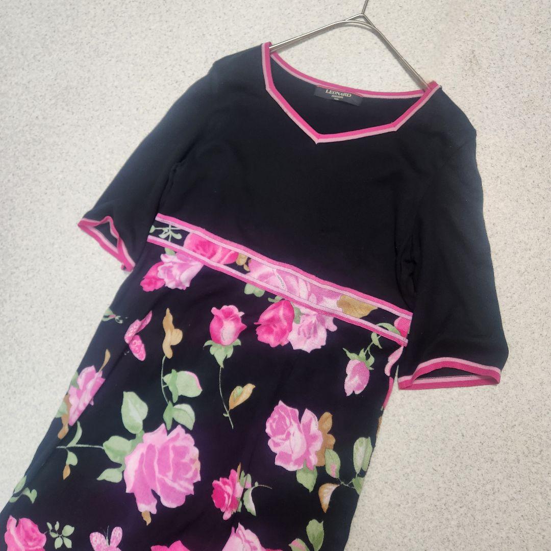 レオナール 半袖ワンピース ニット 花柄 コットン 薔薇 M