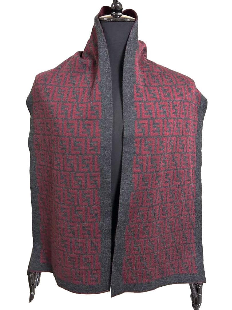 美品 フェンディ FENDI マフラー ウール FF柄 ダークグレーワインレッド