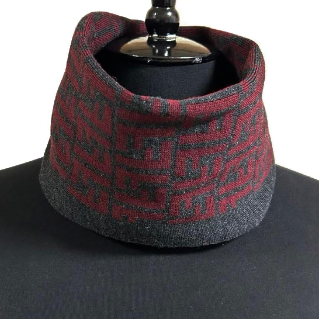 美品 フェンディ FENDI マフラー ウール FF柄 ダークグレーワインレッド