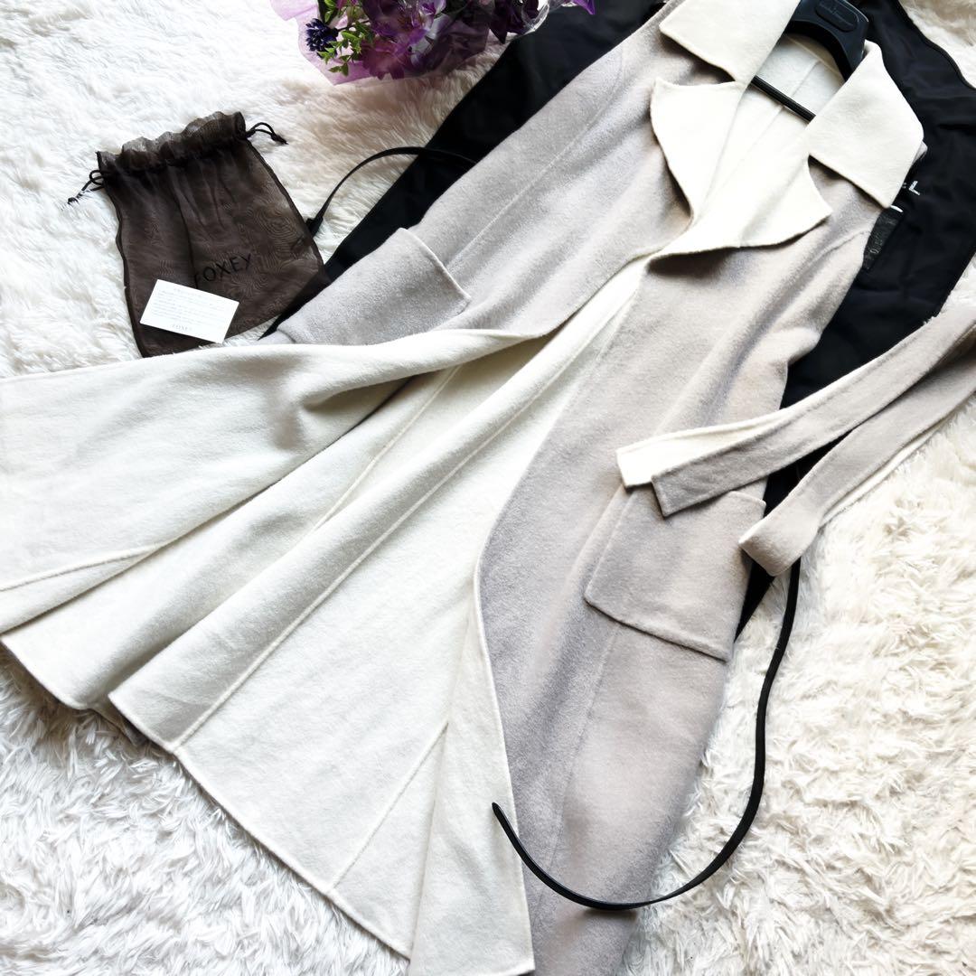 美品　foxyフォクシー　ダブルフェイス ウール　ロング　ジレ　ベルト　グレー