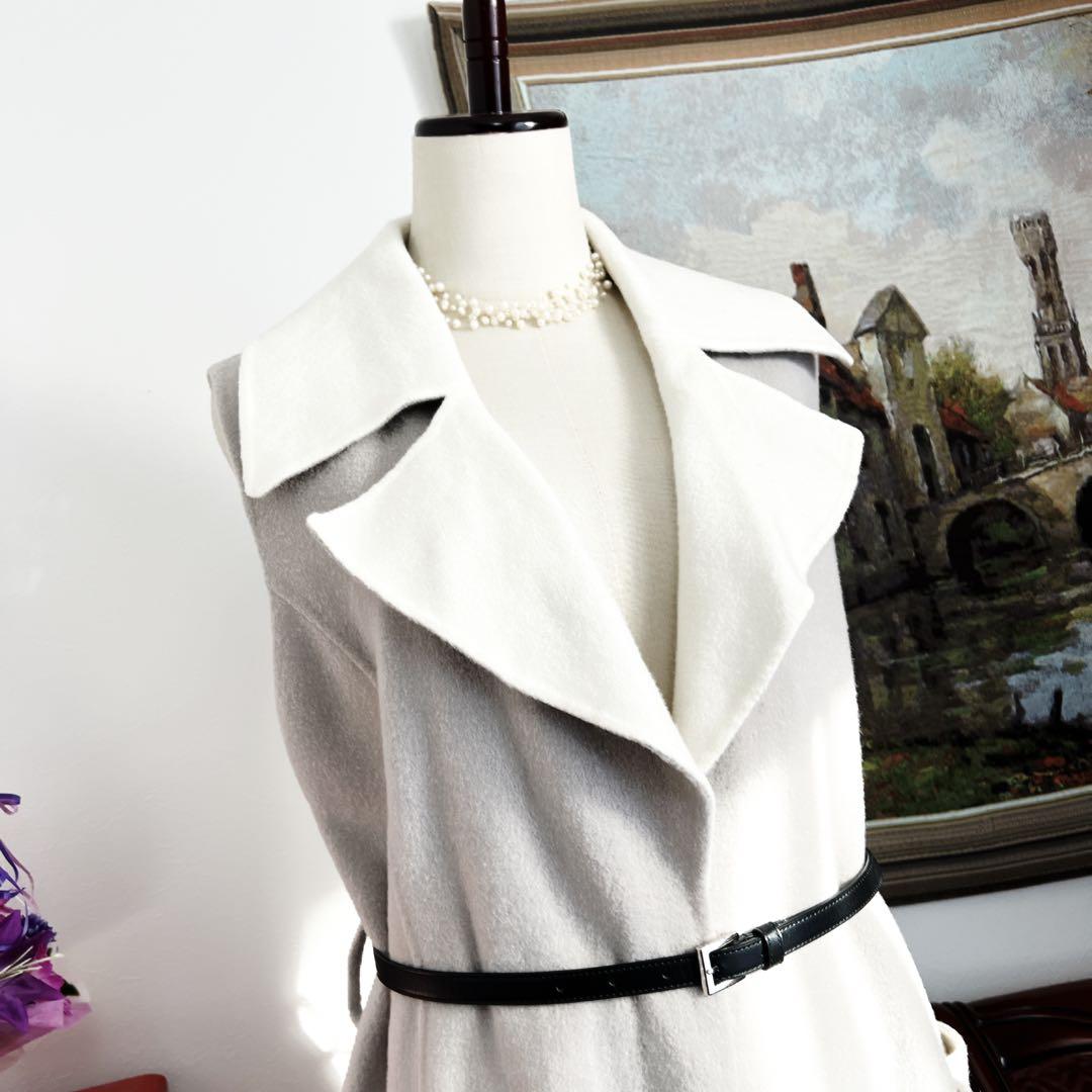 美品　foxyフォクシー　ダブルフェイス ウール　ロング　ジレ　ベルト　グレー