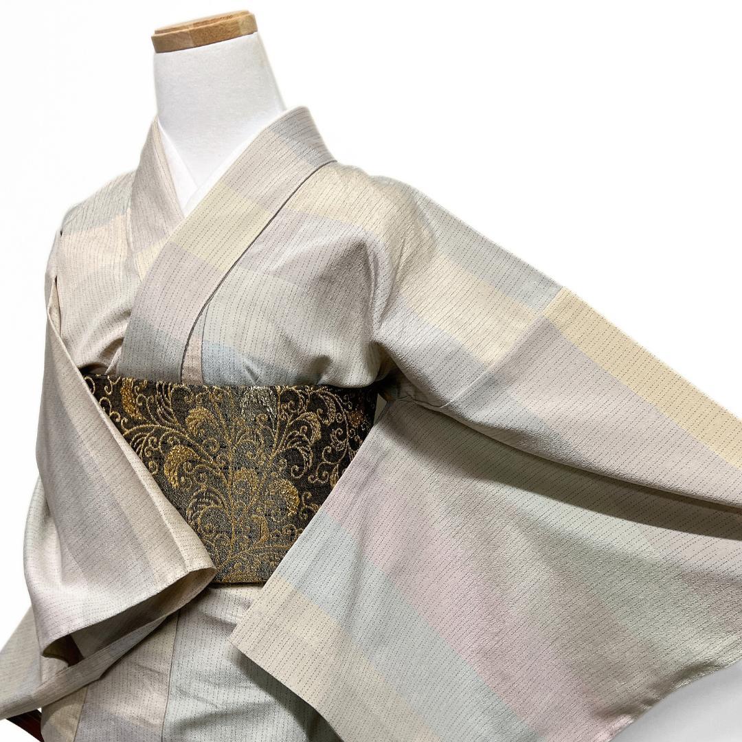 小紋　紬　単衣　横縞　くすみパステル　カラー　お洒落　着物　123b d ms