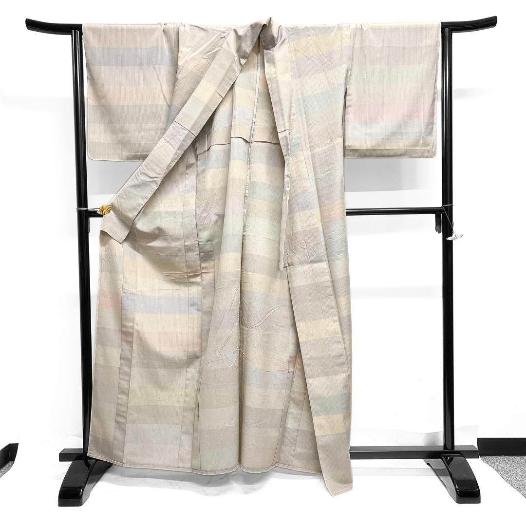 小紋　紬　単衣　横縞　くすみパステル　カラー　お洒落　着物　123b d ms