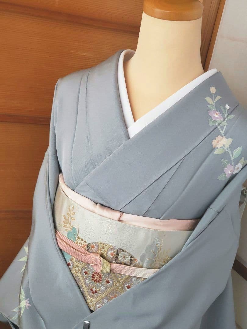 【着物・帯セット＊】清楚な小付けの訪問着　水色　グレー　スモールサイズ　正絹