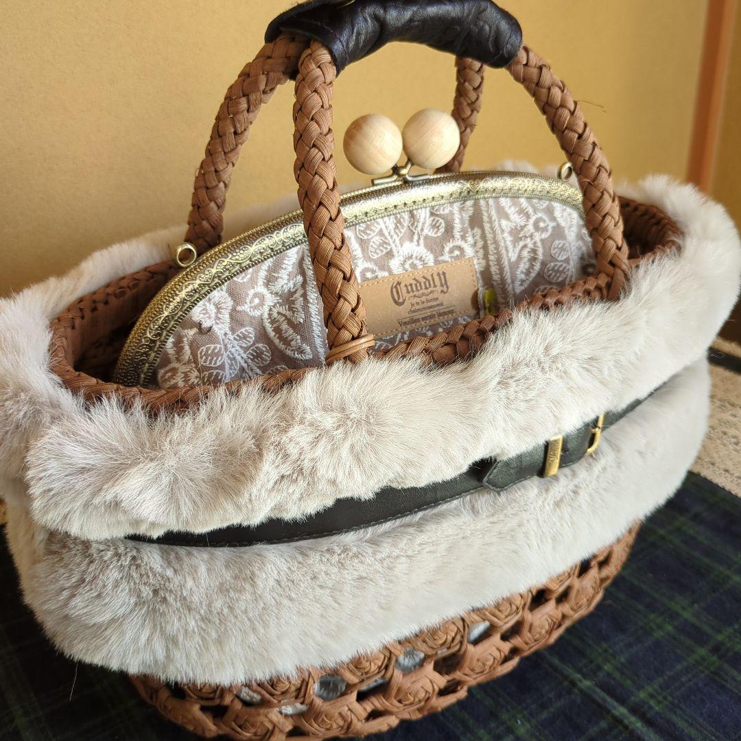 ●チャコ籠用ミナペルホネン風鳥花がま口あけび山葡萄かごバッグフェイクファー