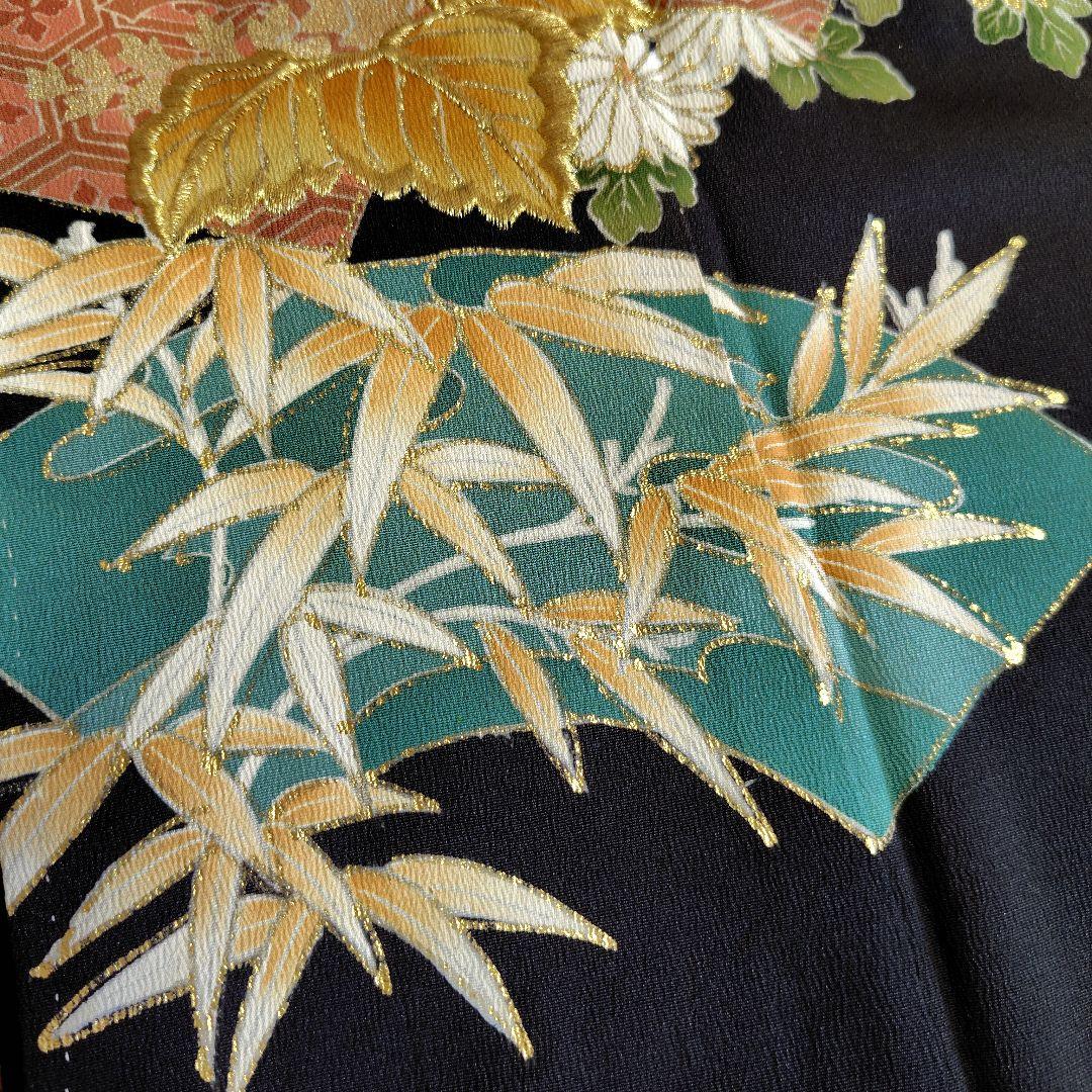 着物リメイク　ケープポンチョ　正絹黒留袖　植物花柄　オープンファスナー　男女兼用