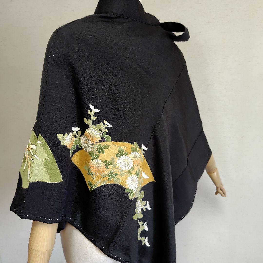 着物リメイク　ケープポンチョ　正絹黒留袖　植物花柄　オープンファスナー　男女兼用