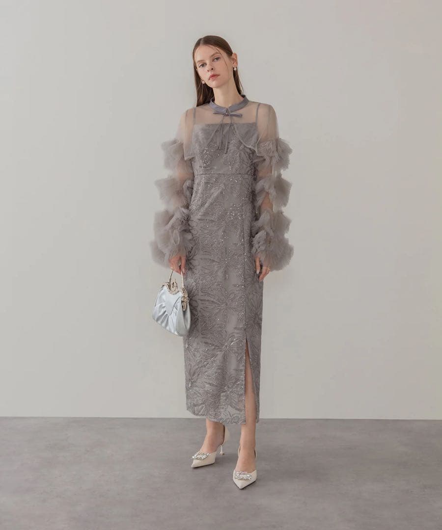 LEJA 新品タグ付きフリルチュールスリーブリボンIラインワンピースドレス