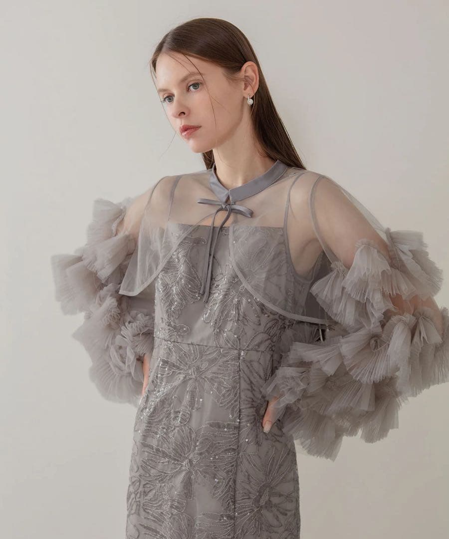 LEJA 新品タグ付きフリルチュールスリーブリボンIラインワンピースドレス