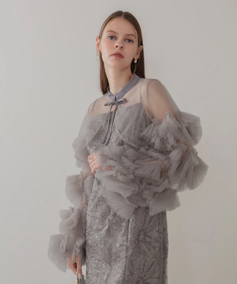 LEJA 新品タグ付きフリルチュールスリーブリボンIラインワンピースドレス