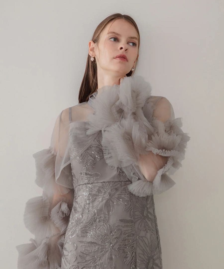 LEJA 新品タグ付きフリルチュールスリーブリボンIラインワンピースドレス