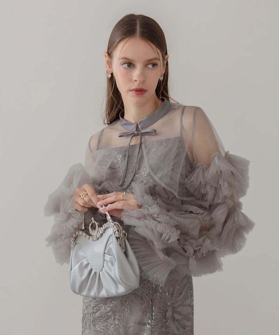 LEJA 新品タグ付きフリルチュールスリーブリボンIラインワンピースドレス