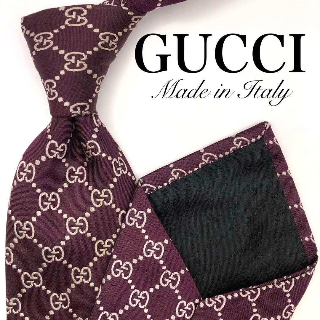 【美品】GUCCI グッチ ネクタイ パープル 紫 ロゴ CGパターン シルク