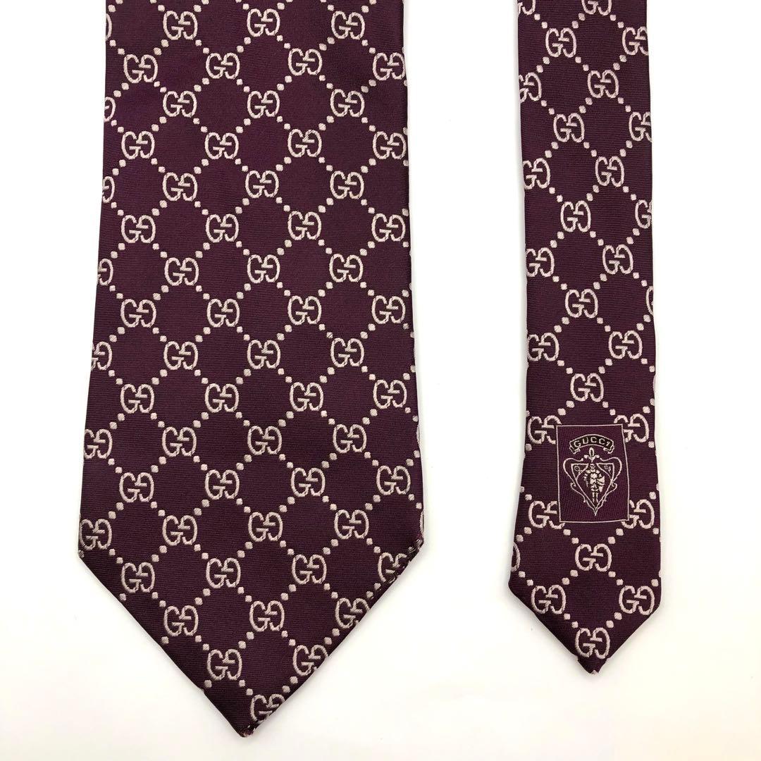 【美品】GUCCI グッチ ネクタイ パープル 紫 ロゴ CGパターン シルク