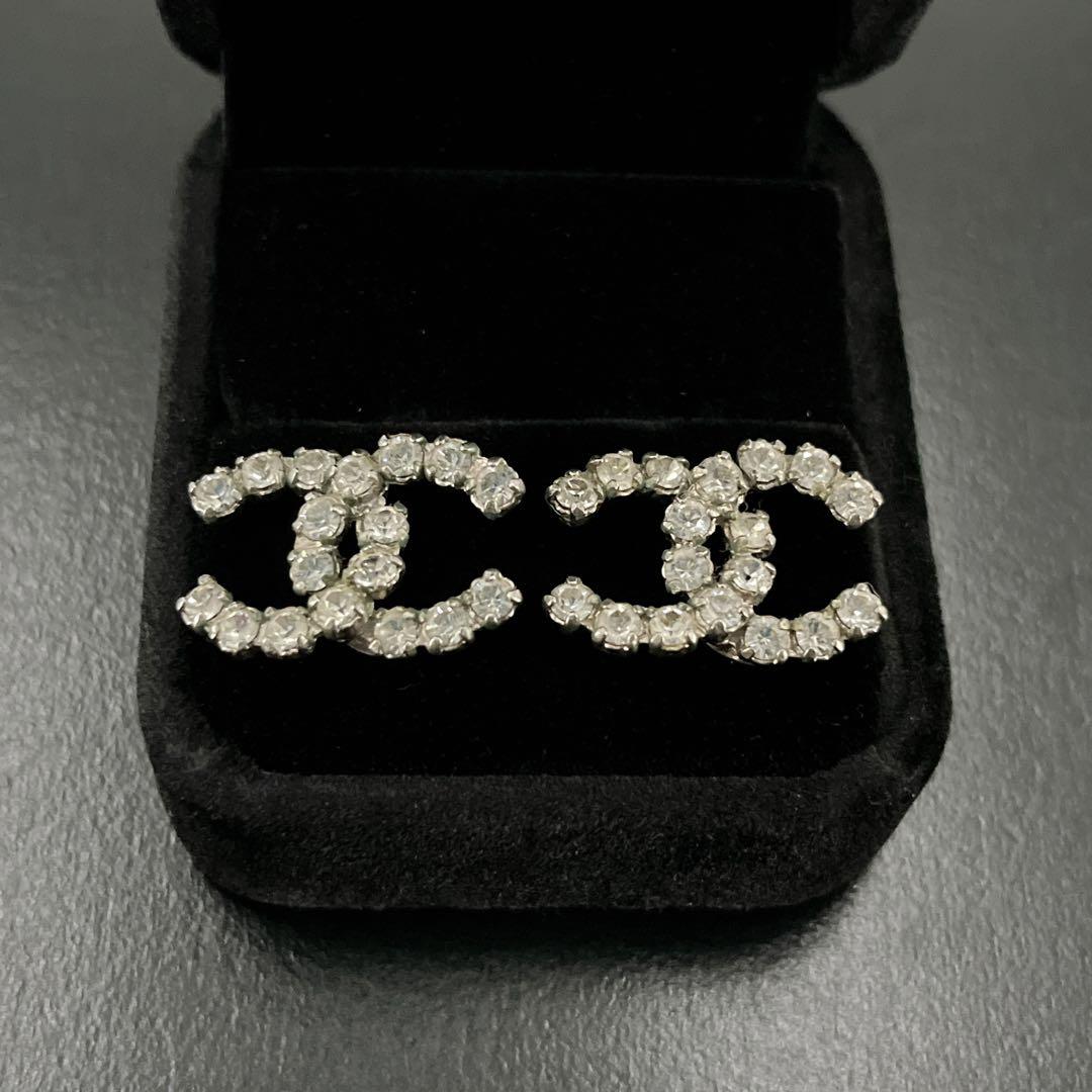 CHANEL シャネル　ピアス　ココマーク　ラインストーン　シルバー　刻印入り