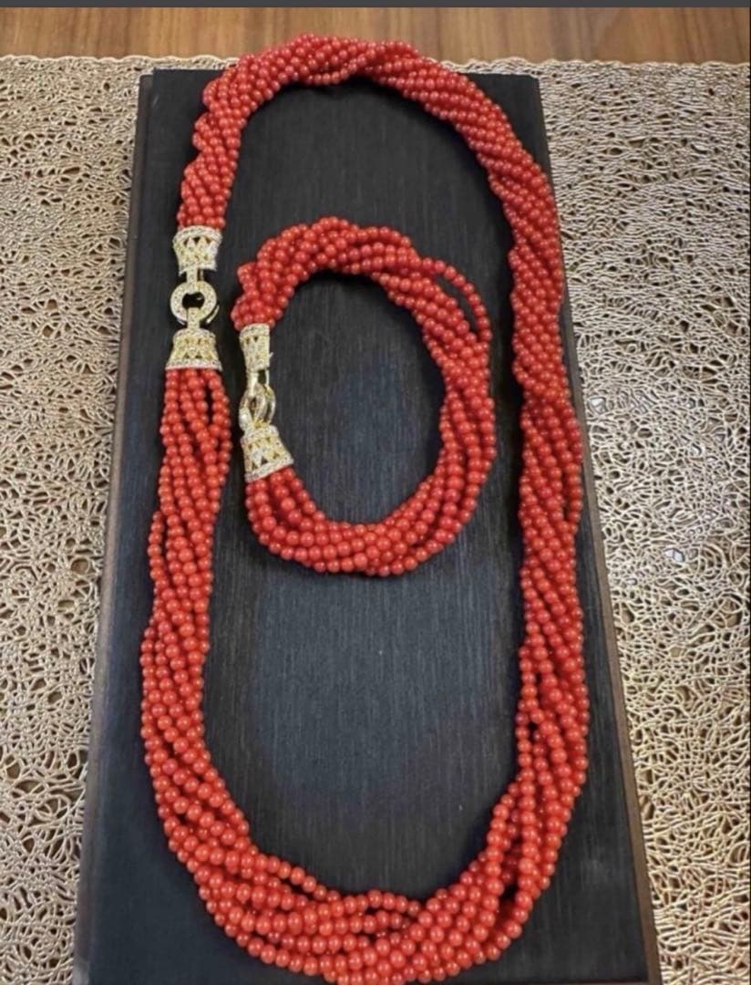 K-771-1 赤珊瑚　サンゴ　ネックレス　ブレスレット　2点セット