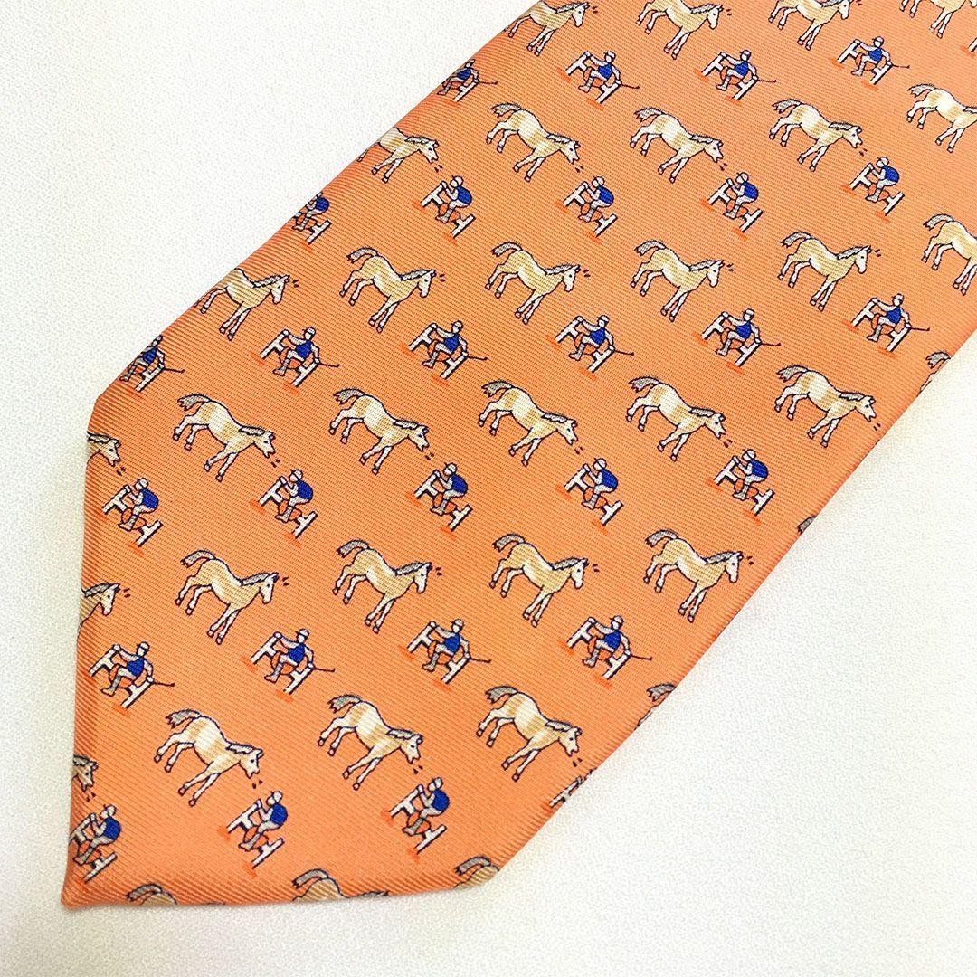 未使用級 エルメス HERMES ネクタイ シルク オレンジ アニマル柄 ホース