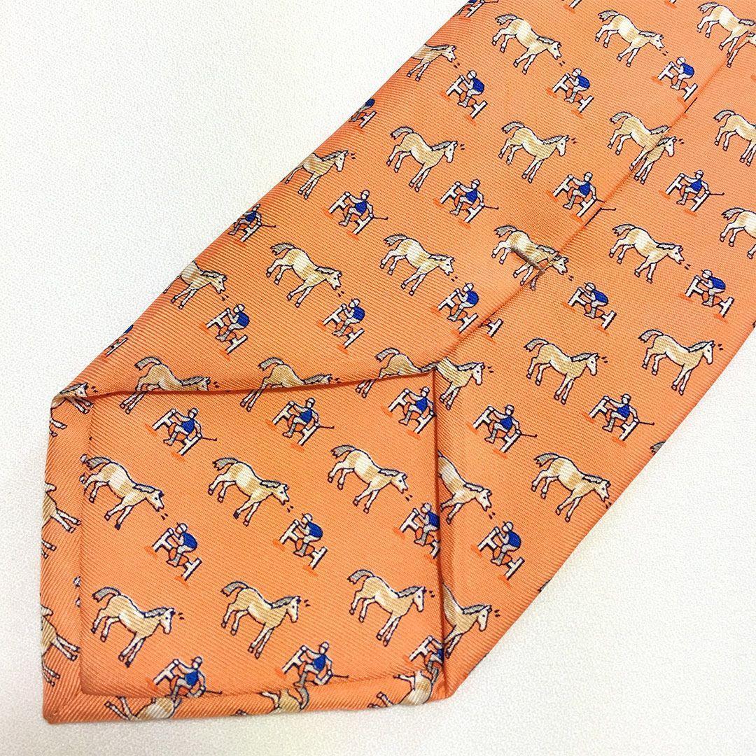 未使用級 エルメス HERMES ネクタイ シルク オレンジ アニマル柄 ホース