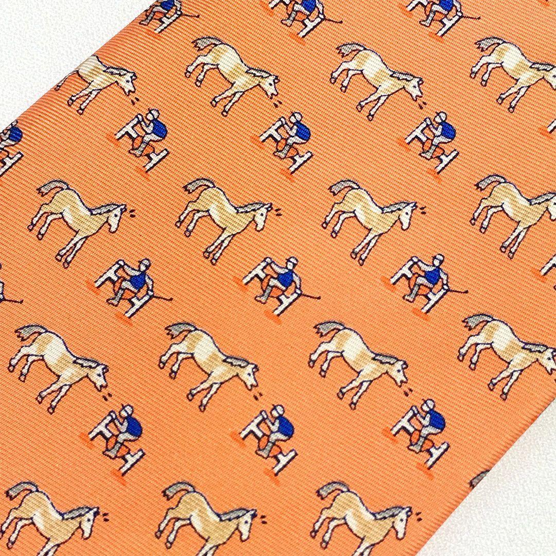 未使用級 エルメス HERMES ネクタイ シルク オレンジ アニマル柄 ホース