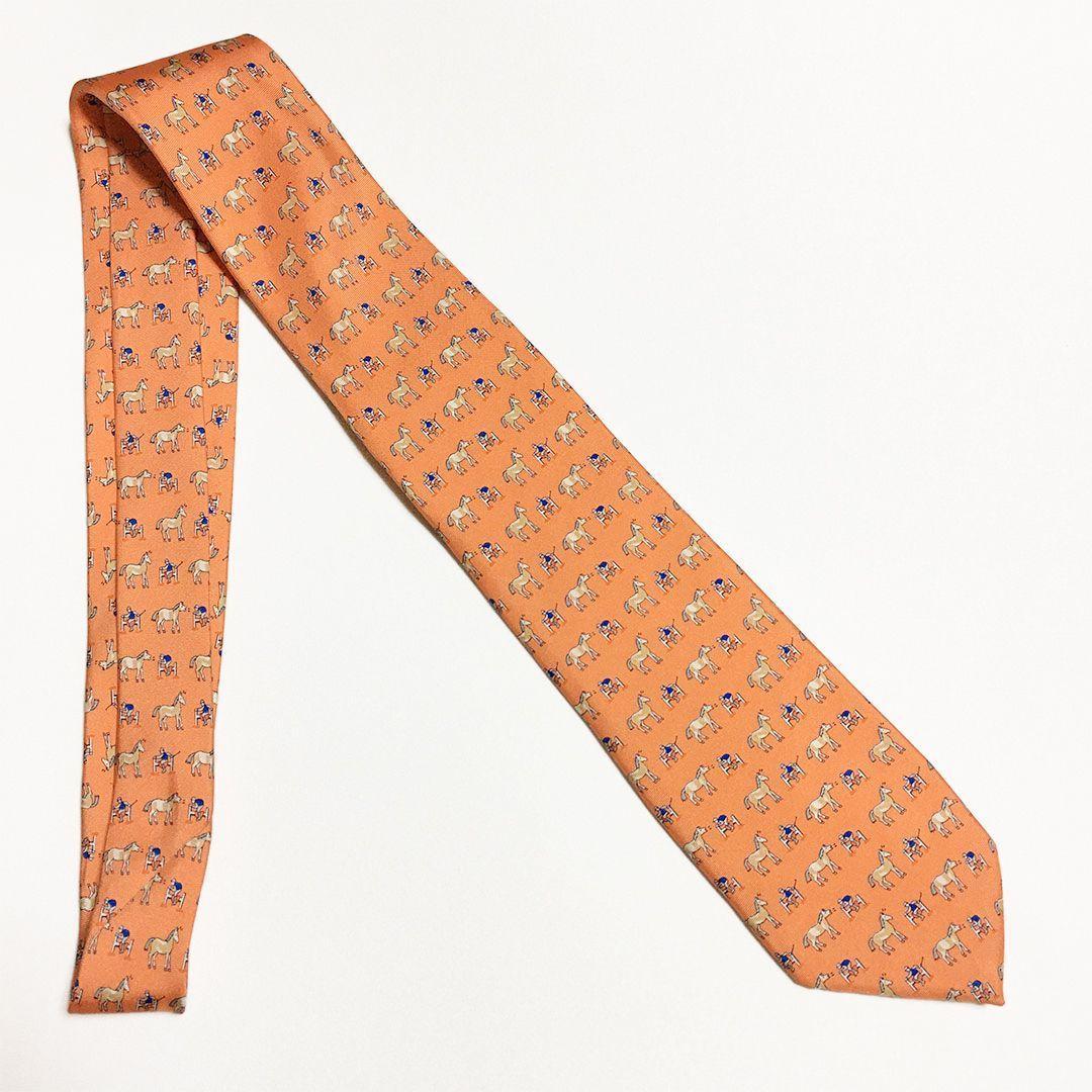 未使用級 エルメス HERMES ネクタイ シルク オレンジ アニマル柄 ホース