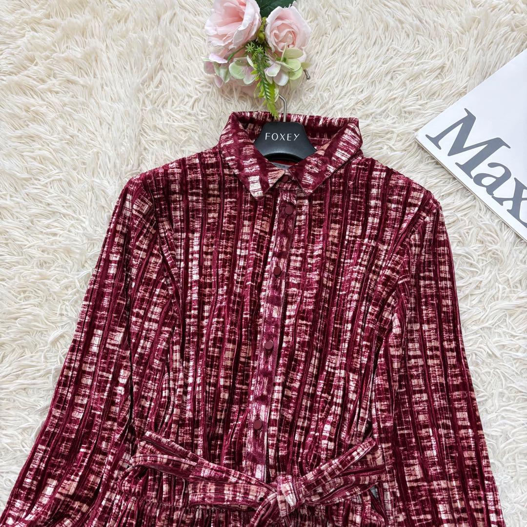 未使用品✨Max&Co ベルベットシャツワンピース　リボンベルト　総柄　M 赤