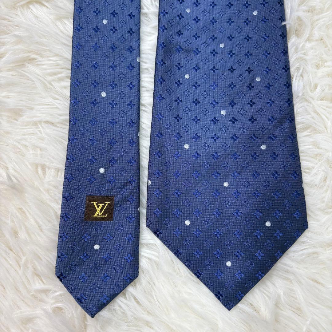 ルイヴィトン モノグラム ジャガード 現行 ドット シルク ネクタイ ブルー