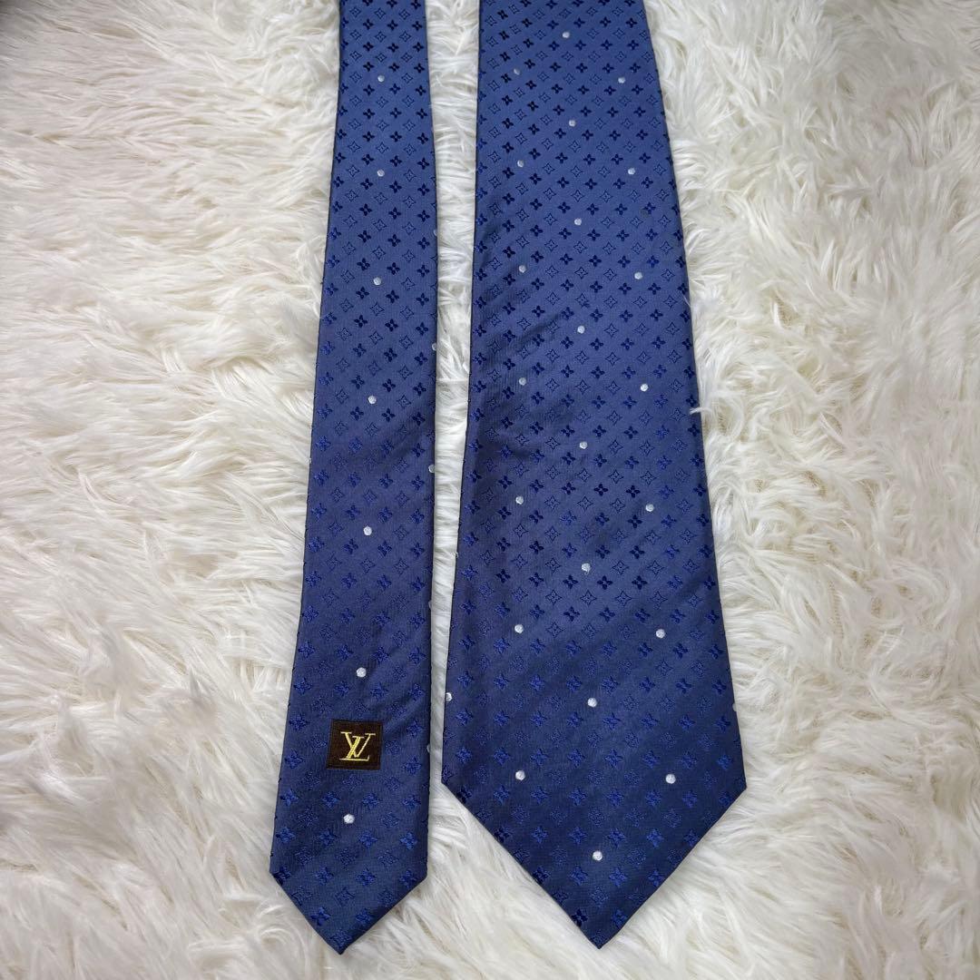 ルイヴィトン モノグラム ジャガード 現行 ドット シルク ネクタイ ブルー