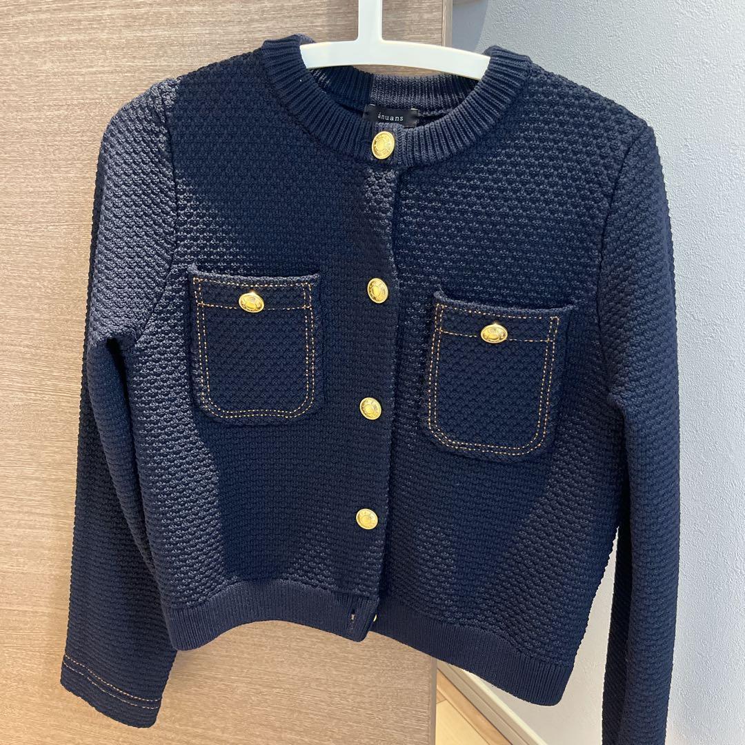 【anuans】ノーカラーニットジャケット 　ネイビー S