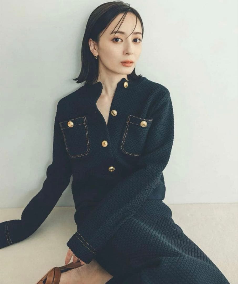 【anuans】ノーカラーニットジャケット 　ネイビー S