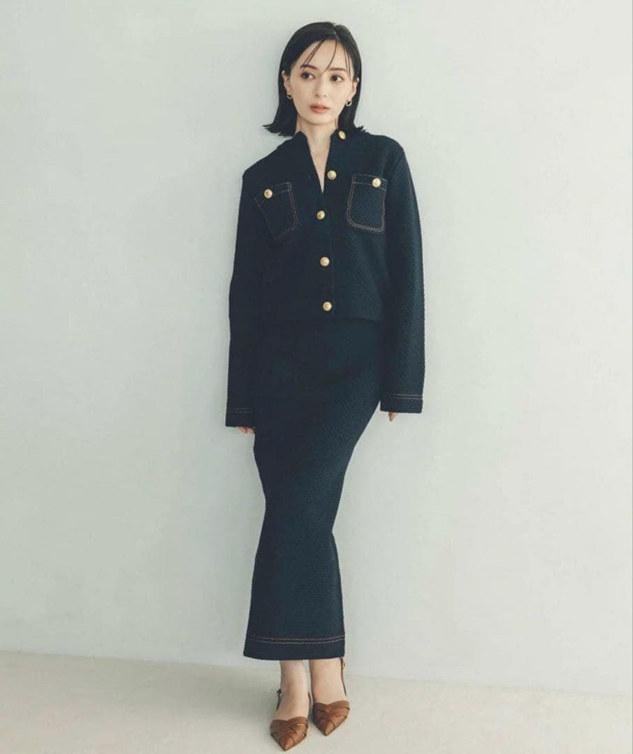 【anuans】ノーカラーニットジャケット 　ネイビー S