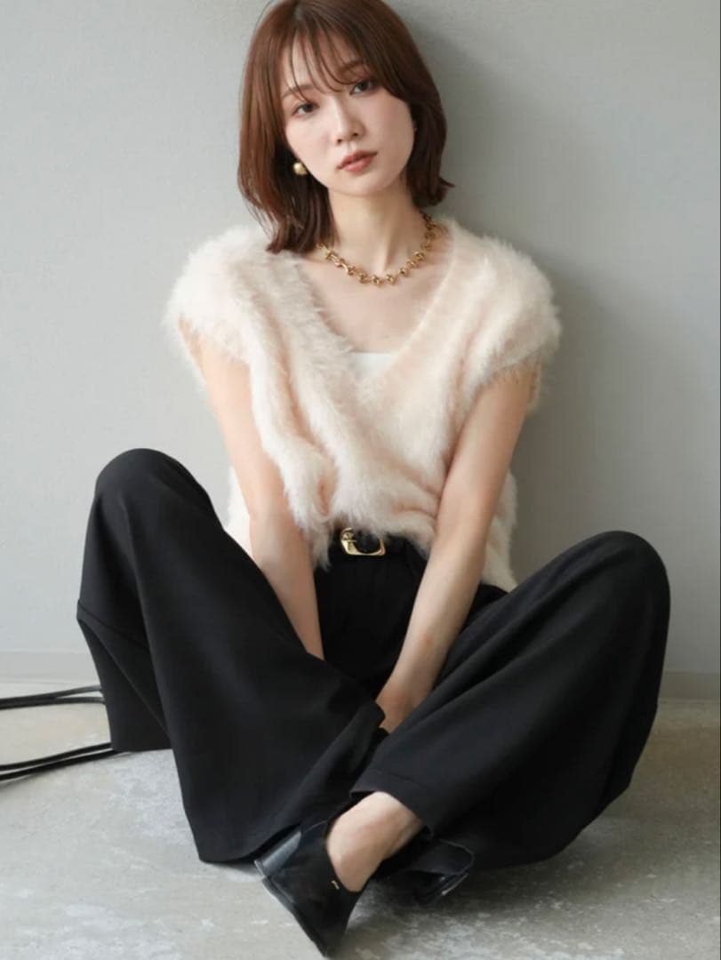 Lumier ラメシャギーVネックニットベスト+ベルトループデザインワイドパンツ