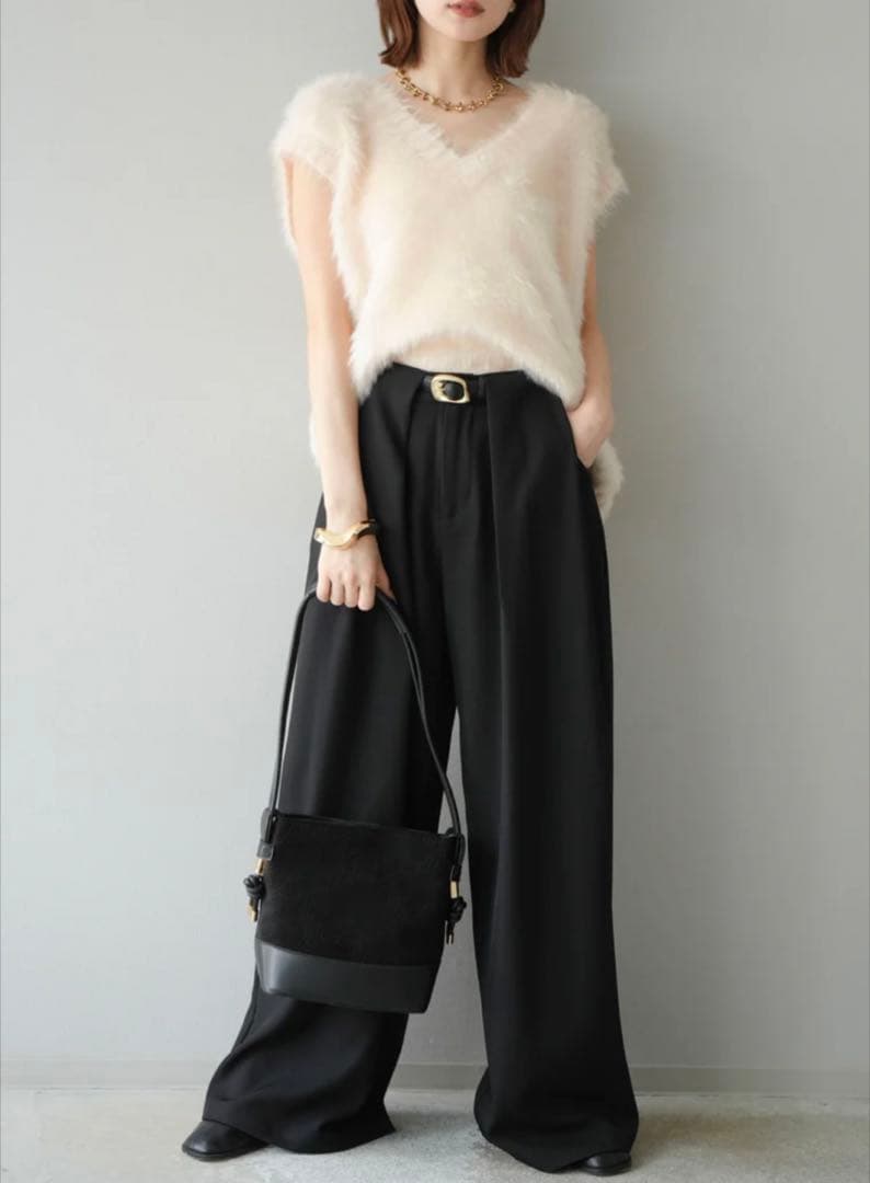 Lumier ラメシャギーVネックニットベスト+ベルトループデザインワイドパンツ