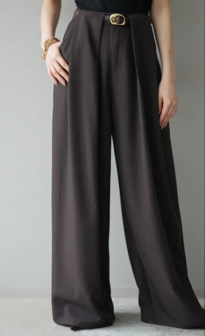 Lumier ラメシャギーVネックニットベスト+ベルトループデザインワイドパンツ