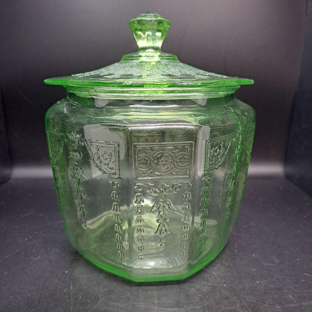 アンカーホッキング　クッキージャー　グリーンウランガラス　ヴィンテージ