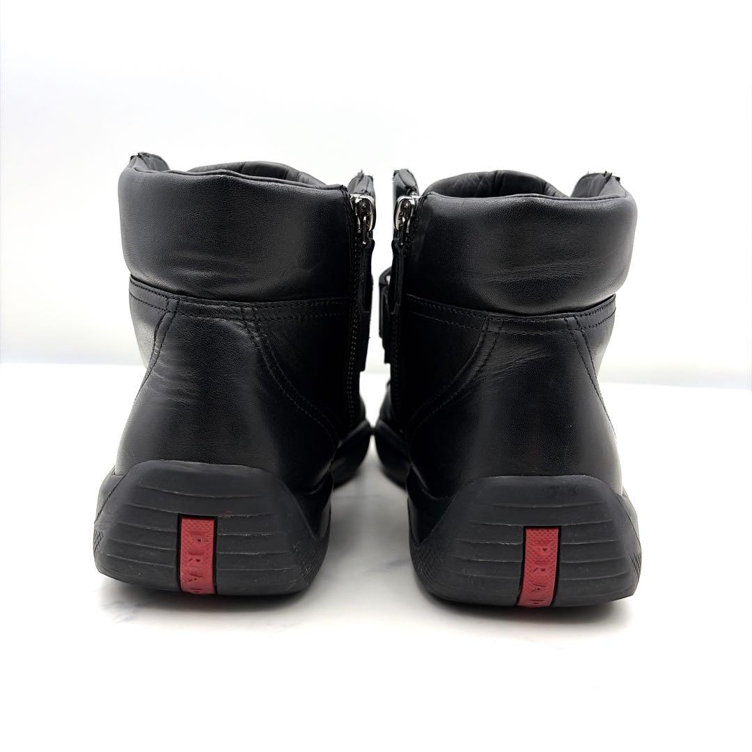 プラダスポーツ レザー スニーカー 黒 6 サイドジップ 本革 リネアロッサ